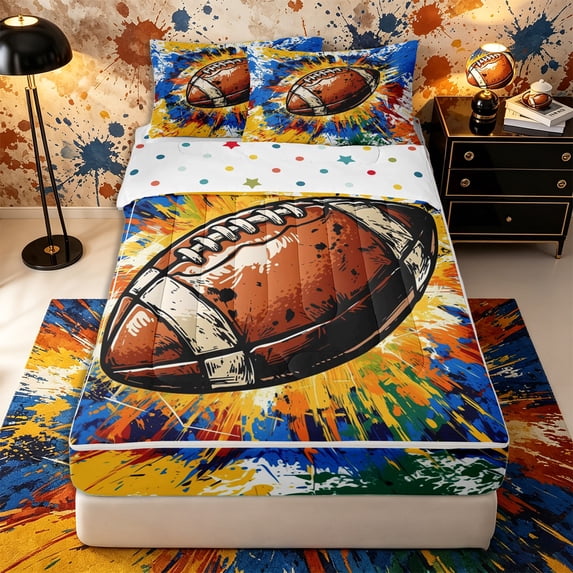 Castle Fairy Football Print Zipper Twin Comforter Sets with Fitted Sheet and 2 Pillowcases, Hippie Splash Zipper Bedding Set, White Blue Orange,4-Piece