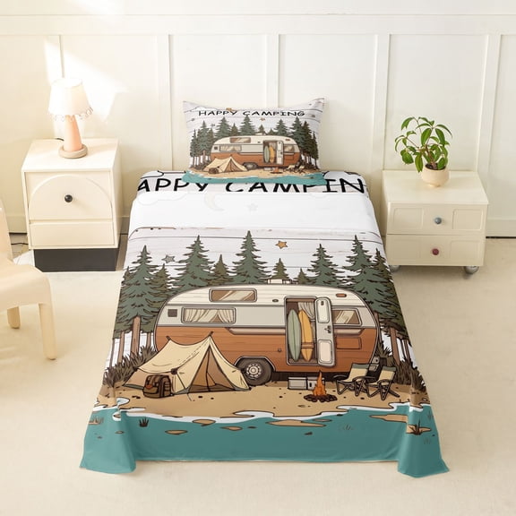 Castle Fairy Forest Camper Art Twin Sheet Sets 3pcs for Kids, Happy Camping Bedding for Bedroom, Brown Green
