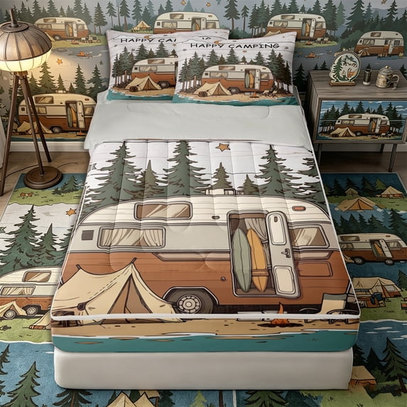 Castle Fairy Forest Camper Art Zipper Full Size Comforter Sets with Fitted Sheet and 2 Pillowcases,Happy Camping Zipper Bedding Set for Bedroom,Brown Green,4pcs,Grey Reversible