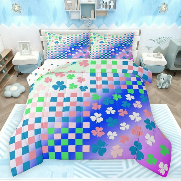 Castle Fairy 2-Piece Twin Size Comforter Set - Four Leaf Clover Plaid Gradient Ombre Print