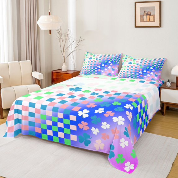 Castle Fairy Four Leaf Clover Twin Sheet Sets 3pcs for Children Teens,Geometric Checkered Plaid Twin Fitted Sheet Microfiber,Abstract Gradient Ombre Breathable Flat Sheet,Microfiber Bedroom Decor