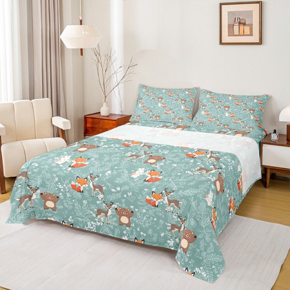 Castle Fairy Fox Deer Bear Rabbit 4-Piece Full Size Sheets,Cute Animal Bed Sheets,Chic Flower Lightweight Sheet Sets,Super Cozy Cartoon Room Decor