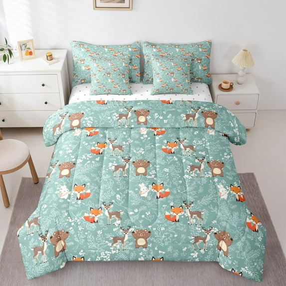 Castle Fairy Fox Deer Bear Rabbit 7-Piece Bedding Comforter Set,Cute Animal King Bedding Sets,Chic Flower Ultra Soft Bed Sheets,Super Cozy Cartoon Room Decor,Reversible