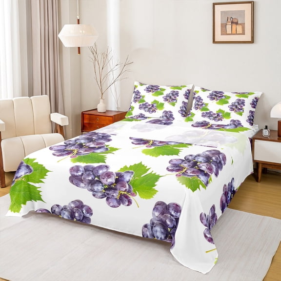 Castle Fairy Fresh Grape 4pcs Bed Sheets,Purple Fruit King Sheets,Rustic Leaves Super Cozy Sheet Set,Breathable Botanical Home Decor