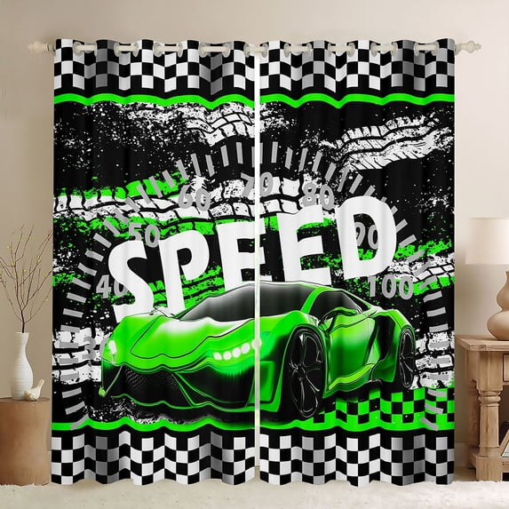 Castle Fairy Fresh Green Sports Car Blackout Curtains Set of 2 (52x84 Each) for Boys, Bright Speedometer Pattern Window Curtains for Modern Room, Green Black White