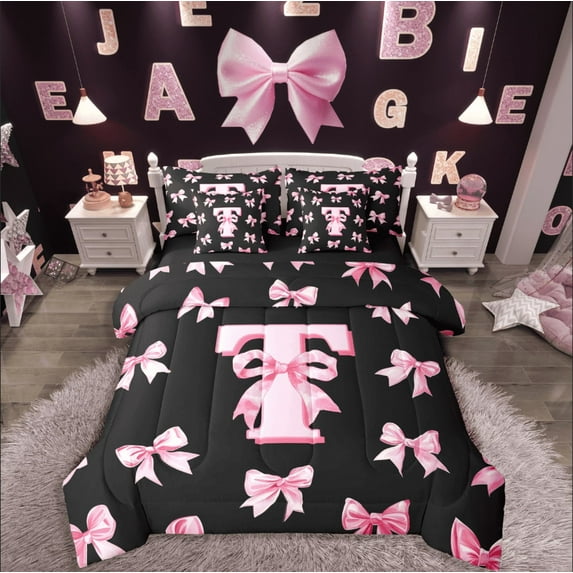 Castle Fairy Cartoon Bowknot Toddler Sheets 7-Piece,Black Pink Daybed Bedding Sets Kids/Girls Full Bedding Comforter Set,T Letter Baby Girl Bedroom Set