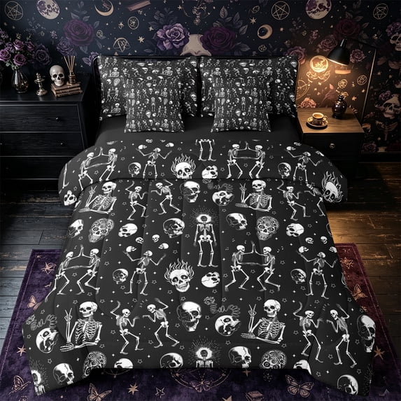 Castle Fairy Fun Halloween Skeleton Full Size Bedding Sets 7 Pieces,Dancing Bones Flame Skull Star Allover Full Size Bed in a Bag,White Black,Black Reversible