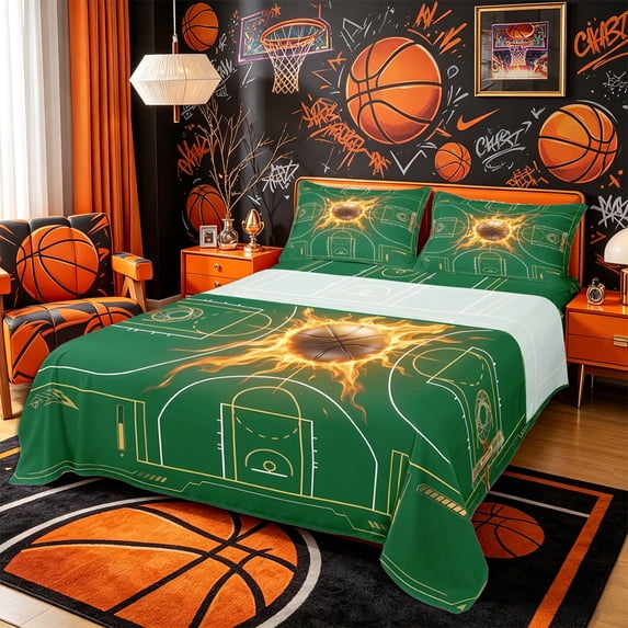 Castle Fairy Futuristic Basketball Court Print King Sheets 4pcs, Abstract Ball Flame Bedding, Green Gold Orange,1 Fitted Sheet, 1 Flat Sheet and 2 Pillowcases