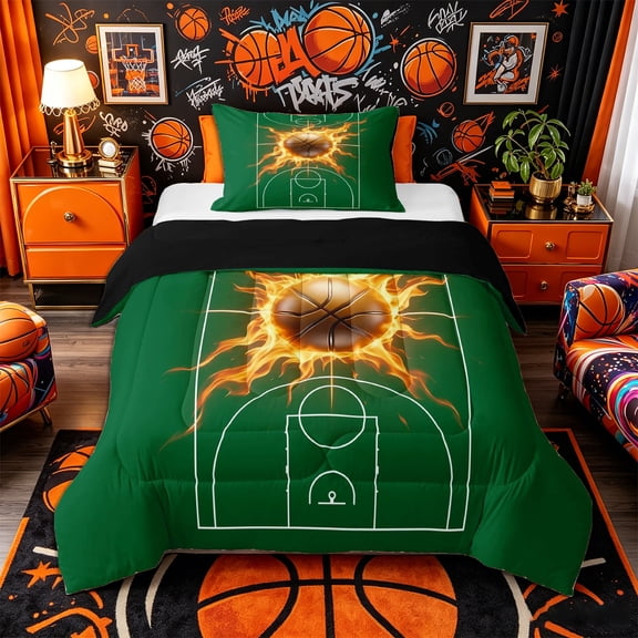 Castle Fairy Futuristic Basketball Court Print Twin Comforter Sets 2pcs, Abstract Ball Flame Bedding Set, Green Gold Orange,Black Reversible,1 Comforter and 1 Pillowcase