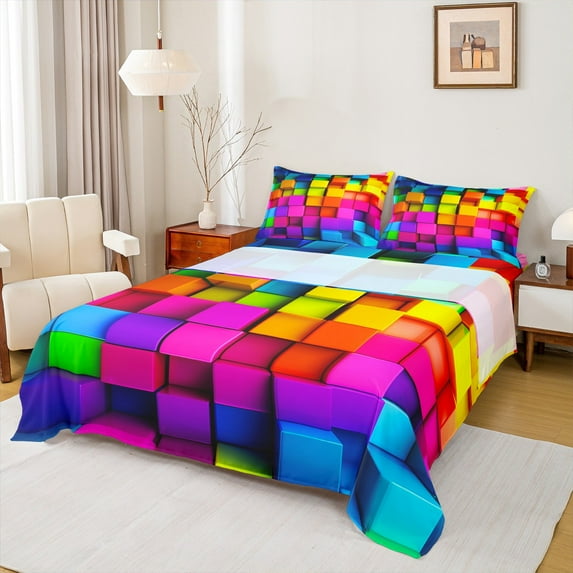 Castle Fairy Futuristic Cubes 4-Piece Full Size Sheets,Colorful Plaid Bed Sheets,Geometric Lattice Lightweight Sheet Sets,Ultra Soft Abstract Home Decor