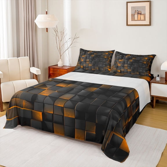 Castle Fairy Futuristic Cubes 4 Pieces Queen Sheet Sets for Boys Girls,Geometric Plaid Grid Ultra Soft Flat Sheet,Black Orange Queen Fitted Sheet,Breathable Home Decor