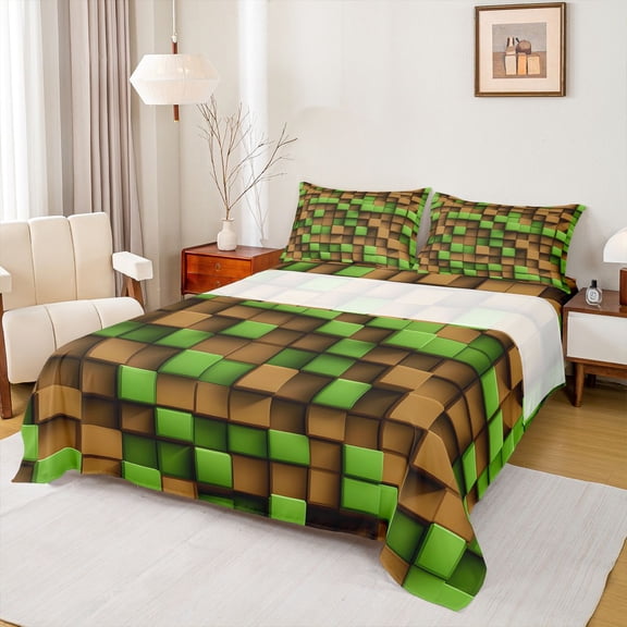 Castle Fairy Futuristic Cubes Boy Twin Sheet Sets,Geometric Plaid Bedding