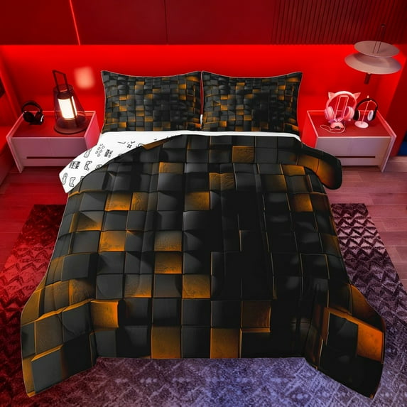 Castle Fairy Futuristic Cubes Full Size Comforter Sets 3-Piece for Boys Girls,Geometric Plaid Grid Bedding Comforter Set,Black Orange Lightweight Bedding Sets,Breathable Home Decor,Reversible
