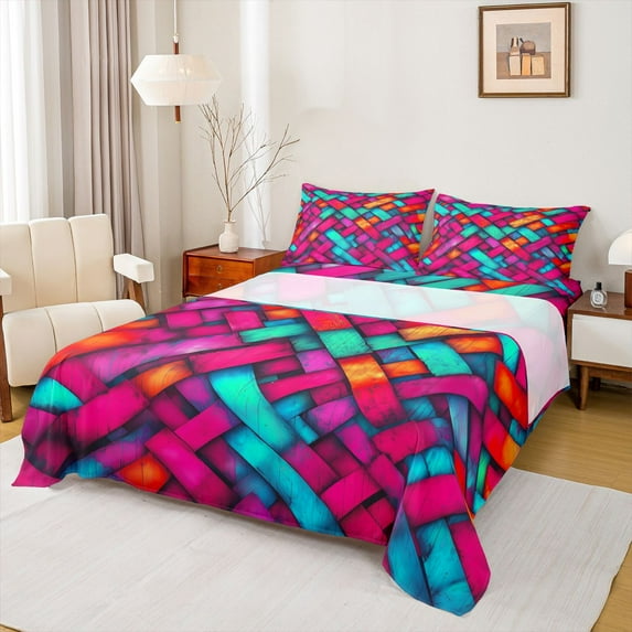 Castle Fairy Futuristic Cubes Girl Twin Sheet Sets,Colorful Plaid Bedding