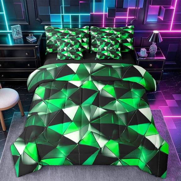 Castle Fairy Futuristic Cubes Triangle Facet King Bedding 7pcs,Geometric Polygon King Bed in a Bag,Emerald Black Silver,Reversible
