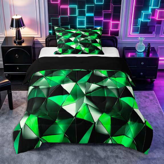 Castle Fairy Futuristic Cubes Triangle Facet Twin Comforter Sets 2pcs,Geometric Polygon Bedding Set,Emerald Black Silver,Reversible,1 Comforter and 1 Pillowcase