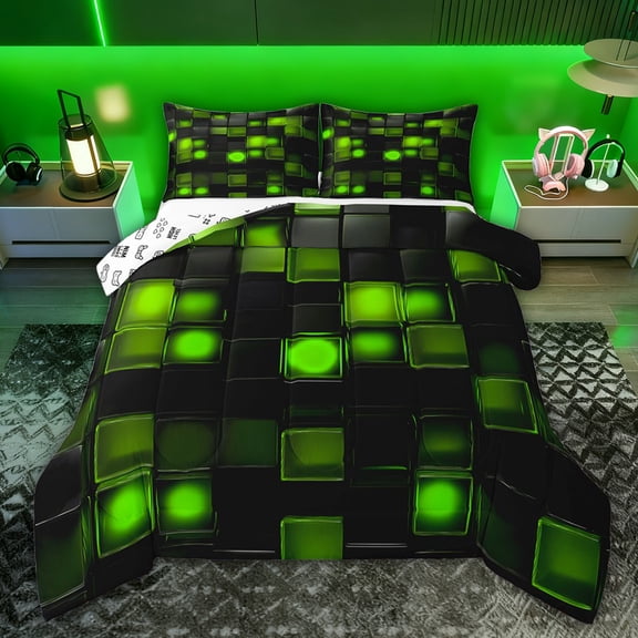 Castle Fairy Futuristic Cubes Twin Comforter Sets,Abstract Solid Checkered Bedding Set