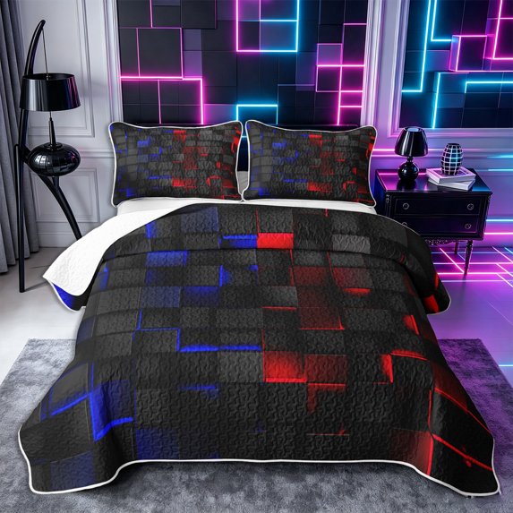 Castle Fairy Futuristic Cubic Grid Quilt King 3 Pieces,Abstract Neon Edge Accent King Coverlet Set,Black Bright Red Royal Blue,1 Bedspread and 2 Pillowcases