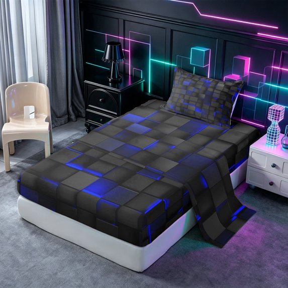 Castle Fairy Futuristic Cubic Grid Twin Sheets 3pcs,Minimalist Neon Geometric Bedding,Black Royal Blue,1 Flat Sheet, 1 Fitted Sheet and 1 Pillowcase