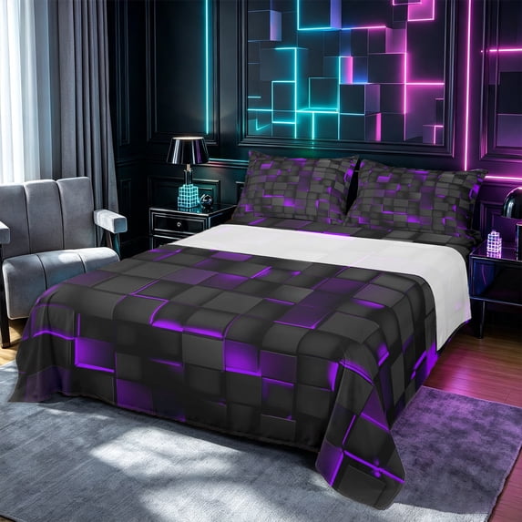 Castle Fairy Futuristic Dark Cube King Sheets 4pcs,Abstract Purple Neon Accent Bedding,Black Violet,1 Flat Sheet, 1 Fitted Sheet and 2 Pillowcases