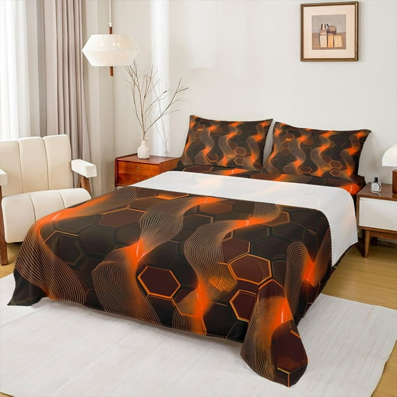 Castle Fairy Futuristic Geometric Hexagon 4 Pieces Queen Sheet Sets for Female Men Adults,Geometric Stripes Lines Ultra Soft Flat Sheet,Abstract Gradient Honeycomb Queen Fitted Sheet