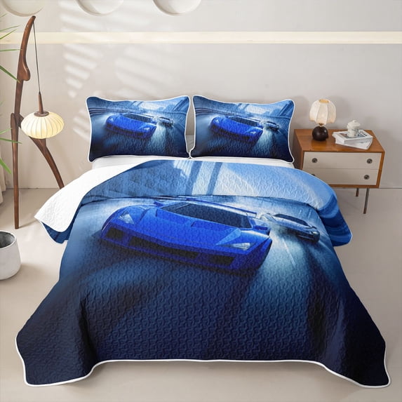 Castle Fairy Futuristic Race Car Twin Quilt Set for Boys,City Motion Blur Twin Coverlet Set for Bedroom,Blue White