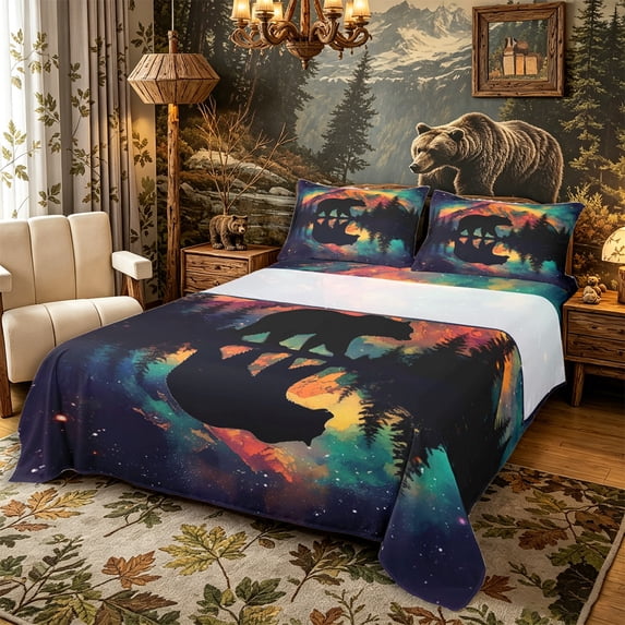 Castle Fairy Galaxy Bear Silhouette King Sheets 4pcs for Teens,Starry Mountain Lake Bedding,Orange Teal Purple,1 Fitted Sheet, 1 Flat Sheet and 2 Pillowcases