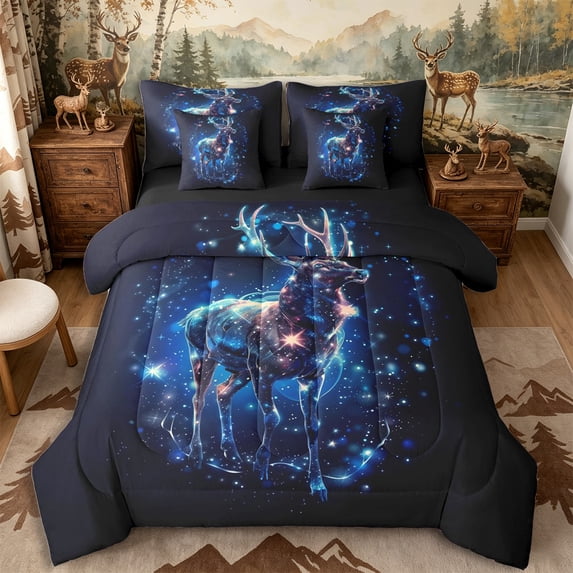 Castle Fairy Galaxy Deer 7-Piece Twin Bedding,Starry Sky Nebula Bedding Comforter Set,Navy Purple,Black Reversible