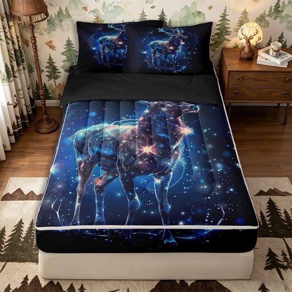 Castle Fairy Galaxy Deer Zipper Full Size Comforter Sets with Fitted Sheet and 2 Pillowcases,Starry Sky Nebula Zipper Bedding Set,Navy Purple,Black Reversible,4pcs