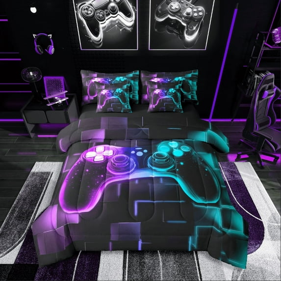 Castle Fairy Galaxy Gamepads 7 Pieces Bedding Comforter Set for Boys,Video Game Full Bedding Set Lightweight,Futuristic Cubes Fitted Sheet Flat Sheet,Breathable Home Decor
