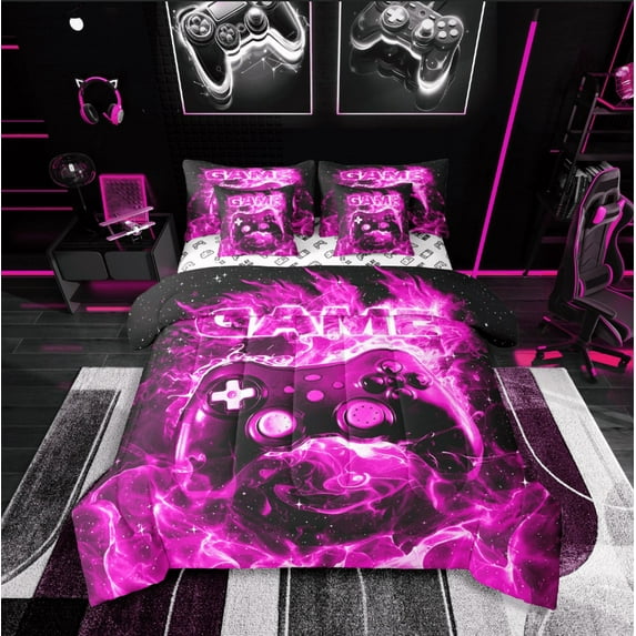 Castle Fairy Galaxy Gamer 7 Pieces Bedding Comforter Set for Teenagers,Black Purple Full Bedding Set Lightweight,Video Game Fitted Sheet Flat Sheet,Super Cozy Room Decor