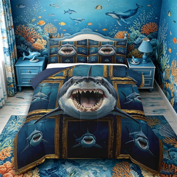 Castle Fairy Gallery Great White Shark Full Size Comforter Sets 3-Piece,Ornate Gold Frame Underwater Print Bedding Comforter Set,Navy Gold,Navy Blue Reversible,1 Comforter and 2 Pillowcases