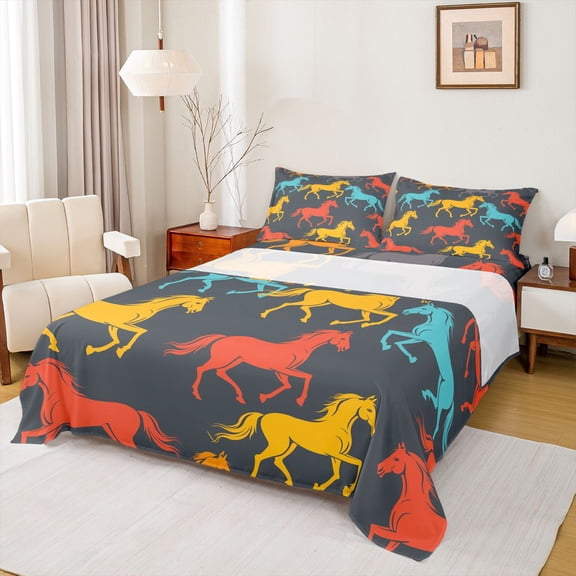 Castle Fairy Galloping Horse Bed Sheets,Red Blue Yellow King Sheets
