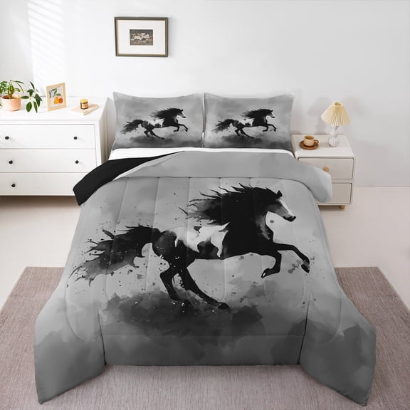 Castle Fairy Galloping Horse Twin Comforter Sets for Boys Girls,Black Grey Bedding Set