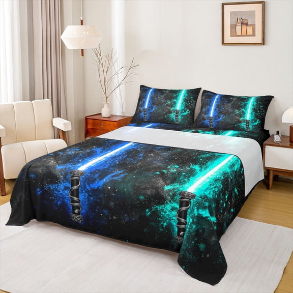 Castle Fairy Gamepads Lightsaber 4 Pieces Queen Sheet Sets for Kids Children Teens,Video Game Ultra Soft Flat Sheet,Galaxy Universe Queen Fitted Sheet,Microfiber Bedroom Decor