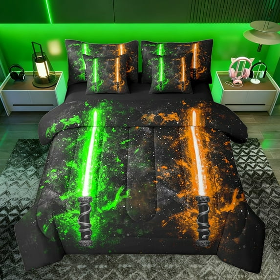 Castle Fairy Gamepads Lightsaber Bedding Comforter Set 7pcs for Kids Children Teens,Video Game Queen Bedding Sets Super Cozy,Galaxy Universe Queen Sheet Sets,Microfiber Bedroom Decor,Reversible
