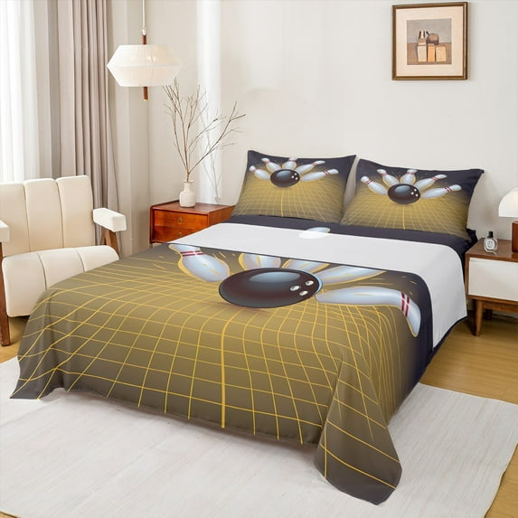 Castle Fairy Gamer Bowling 4-Piece Queen Sheet Set: Geometric Plaid Sport Theme Breathable Ball Game