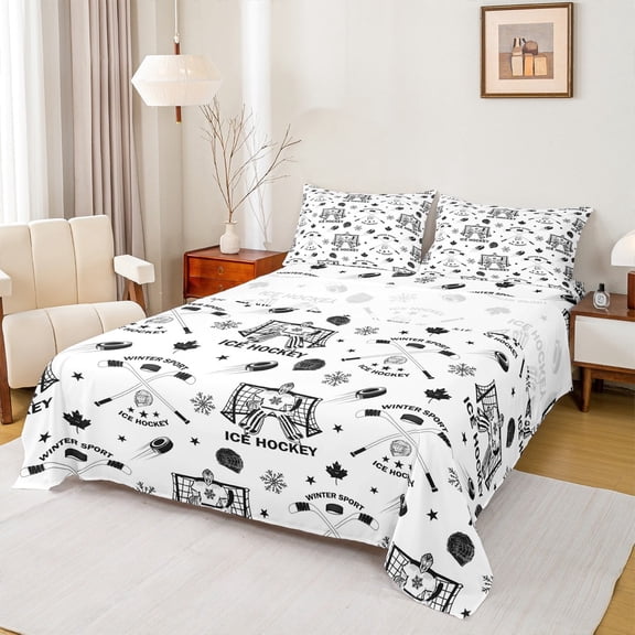 Castle Fairy Gamer Ice Hockey 4-Piece Full Size Sheets for Teens Women Men,Sport Theme Bed Sheets,Black White Lightweight Sheet Sets,Super Cozy Room Decor