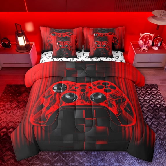 Castle Fairy Gamer Twin Bedding Sets,Stripes Futuristic Cubes Bedding Comforter Set