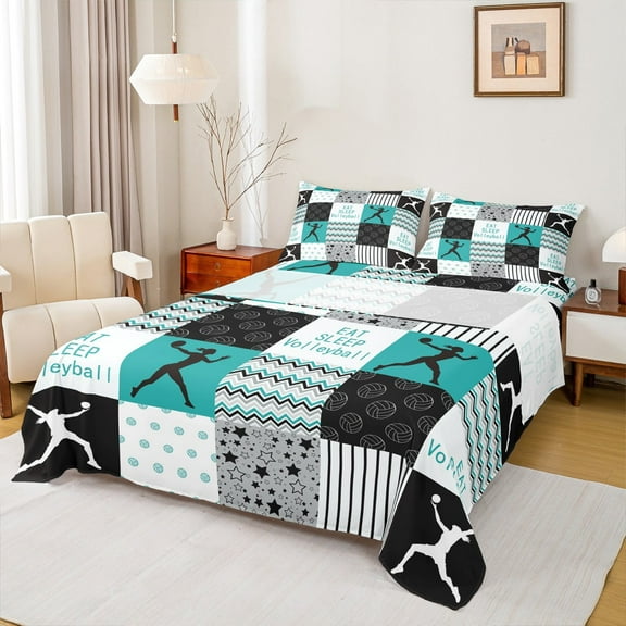 Castle Fairy Gamer Volleyball Girl 4-Piece Full Size Sheets,Lattice Stripes Bed Sheets,Sport Theme Lightweight Sheet Sets,Geometric Room Decor