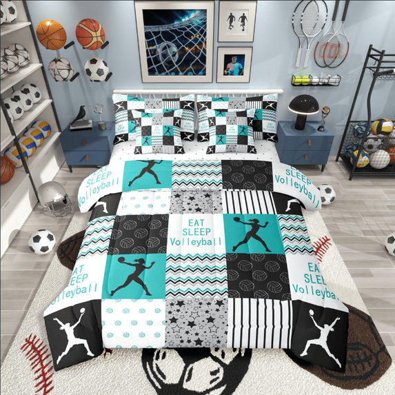 Castle Fairy Gamer Volleyball Girl 7-Piece Twin Bedding Sets,Lattice Stripes Bedding Comforter Set,Sport Theme Breathable Sheet Sets,Geometric Room Decor