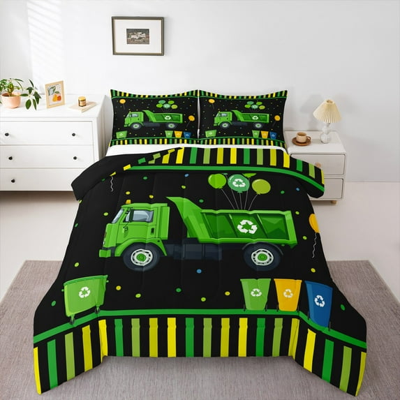 Castle Fairy Garbage Truck 2pcs Bedding Comforter Set,Black Green Twin Comforter Sets,Polka Dots Breathable Bedding Set,Geometric Stripes Bedroom Decor