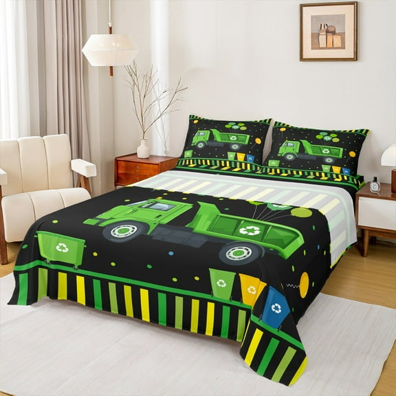 Castle Fairy Garbage Truck 4pcs Bed Sheets,Black Green King Sheets,Polka Dots Super Cozy Sheet Set,Geometric Stripes Bedroom Decor