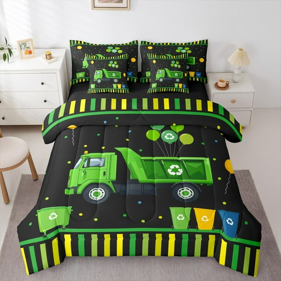 Castle Fairy Garbage Truck 7-Piece King Bedding Set: Black Green Polka Dots Geometric Stripes Bedroom Decor