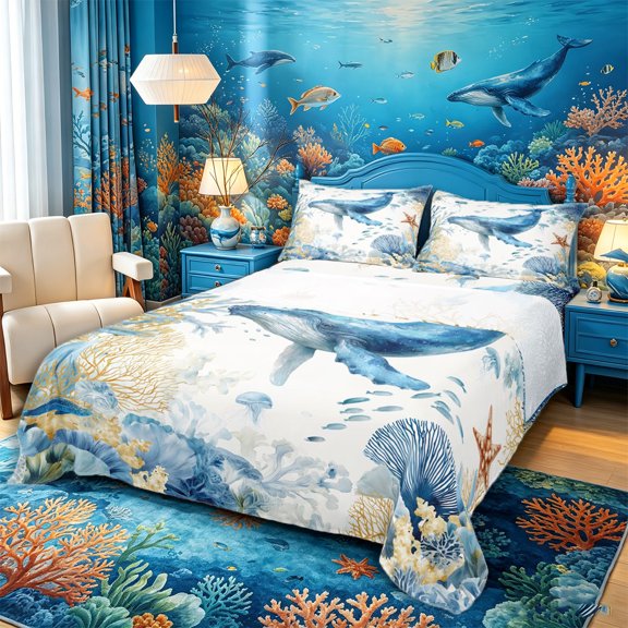 Castle Fairy Gentle Watercolor Humpback Whale King Sheets 4pcs,Coral Jellyfish Tropical Ocean Graphic Bedding,Azure White,1 Fitted Sheet,1 Flat Sheet and 2 Pillowcases