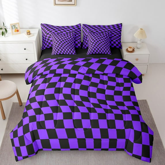 Castle Fairy Geometric Buffalo 7 Pieces Bedding Comforter Set,Black Purple Full Bedding Set Lightweight,Checkerd Plaid Fitted Sheet Flat Sheet,Luxury Teenager Bedroom Decor,Reversible