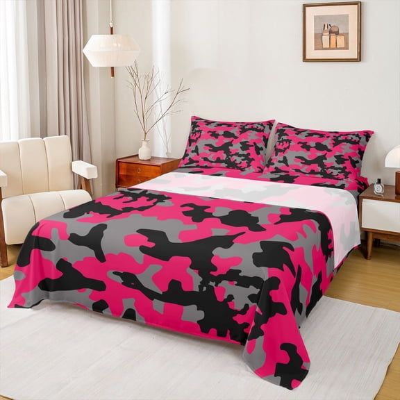 Castle Fairy Geometric Camouflage 4pcs Bed Sheets for Adults Female Men,Black Pink Camo King Sheets,Abstract Plaid Grid Super Cozy Sheet Set,Microfiber Bedroom Decor
