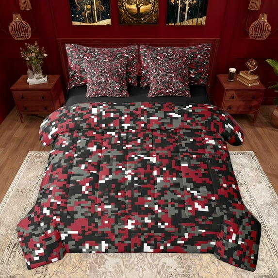 Castle Fairy Geometric Camouflage Bedding Comforter Set 7-Piece for Adults Female Men,Black Red Camo King Bedding Sets,Abstract Plaid Grid Ultra Soft Bed Sheets,Microfiber Bedroom Decor,Reversible