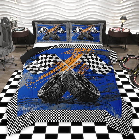Castle Fairy Geometric Checkered Flag Queen Comforter Set,Racing Car Bedding Comforter Set