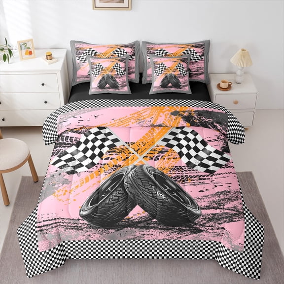 Castle Fairy Geometric Checkered Flag Twin Bedding Sets,Racing Car Bedding Comforter Set